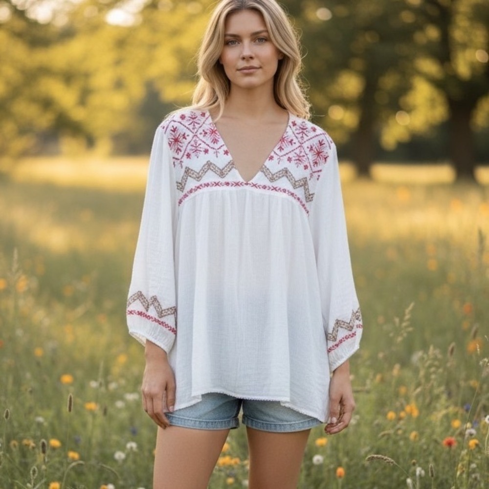 Susan Graver Embroidered Peasant Blouse Coastal Festival Boho Cottagecore LP
